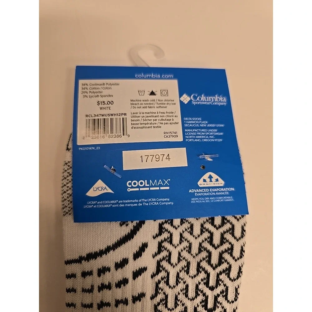 Columbia Mens Pull Tab Socks 2 Pair, White/Black/Red Pattern Mens 6-12 Shoe NEW!